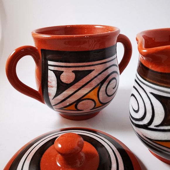 Vintage Red Clay Pottery Cream and Sugar Abstract Brown White Mustard Colour - Picture 12 of 16